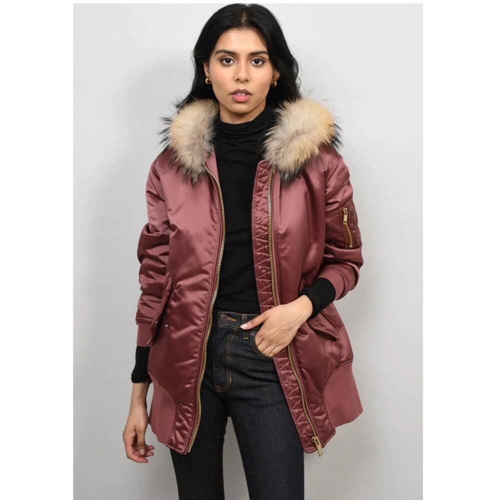 Burberry Coat Longline Bomber Jacket with Fur Trim Hood in Antique Rose Medium